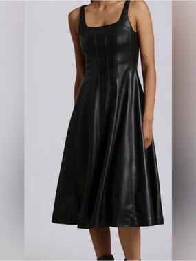 7 For All Mankind Black Faux-Leather Midi Dress